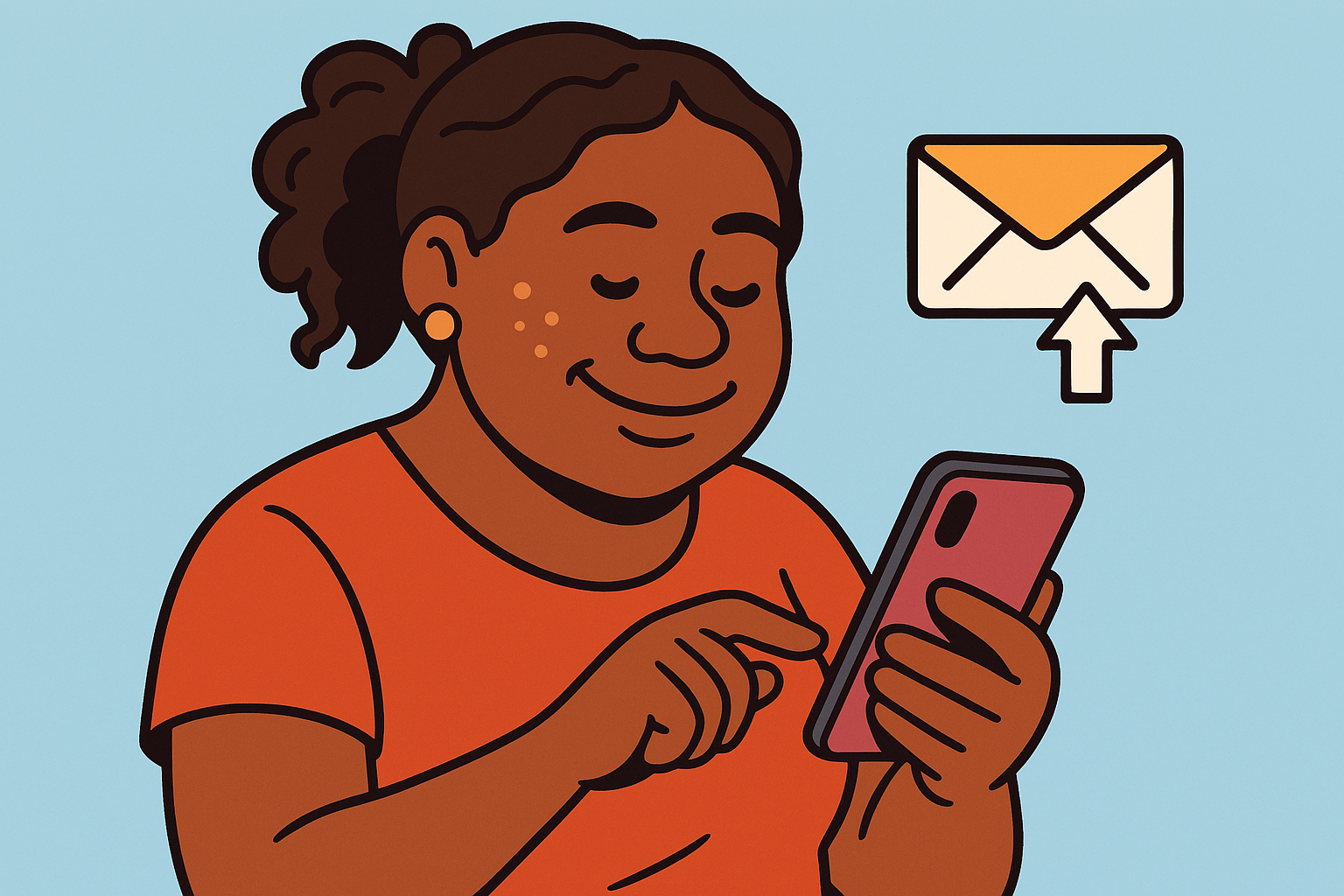 person smiling, sending an email from their phone